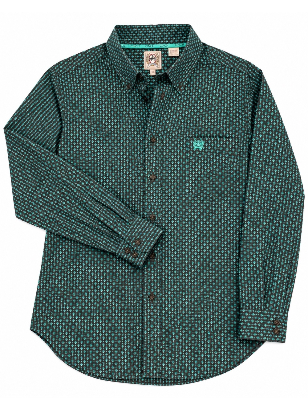 Cinch Men's Long Sleeve Button-Down Shirt XL Green Patterned Cotton